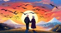 Elderly couple holding hands, taj mahal , sunset, bright sky with background, sunset art