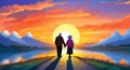 Elderly couple holding hands, taj mahal , sunset, bright sky with background, sunset art Royalty Free Stock Photo