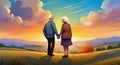 Elderly couple holding hands, taj mahal , sunset, bright sky with background, sunset art Royalty Free Stock Photo