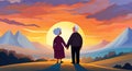 Elderly couple holding hands, taj mahal , sunset, bright sky with background, sunset art