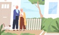 Elderly couple hugging standing together on porch of countryside house vector flat illustration. Aged man and woman with