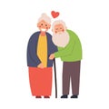 Elderly couple hugging tenderly, vector illustration on white isolated background