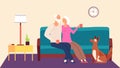 Elderly couple. Hygge family evening vector concept. Old man woman dog in living room