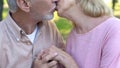 Elderly couple kissing, happy marriage, mature love, meeting old age together Royalty Free Stock Photo