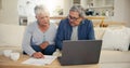 Elderly, couple and laptop with document for financial planning, investment or paperwork for retirement. Senior man