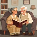 An elderly couple looks at old photographs in an album together. Cartoon style. Royalty Free Stock Photo