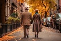 Elderly Couple in Love Walking Along the Autumn Street extreme closeup. Generative AI