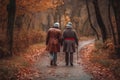 Elderly Couple in Love Walking Along the Autumn Street extreme closeup. Generative AI