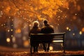 an elderly couple, a man and a woman, are sitting on a bench and enjoying the scenery, beautiful landscape at sunset, rear Royalty Free Stock Photo