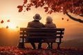 an elderly couple, a man and a woman, are sitting on a bench and enjoying the scenery, beautiful landscape at sunset, rear Royalty Free Stock Photo