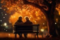 an elderly couple, a man and a woman, are sitting on a bench and enjoying the scenery, beautiful landscape at sunset, rear Royalty Free Stock Photo