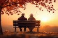 an elderly couple, a man and a woman, are sitting on a bench and enjoying the scenery, beautiful landscape at sunset, rear Royalty Free Stock Photo