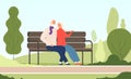 Elderly couple park. Seniors happy grandfather grandmother sitting on bench old family in summer nature city park vector