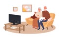 Elderly couple people watch tv movie news in home living room, sitting at couch together