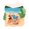 Elderly couple picnic near the sea flat cartoon vector illustration isolated.