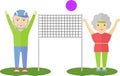 Elderly couple playing volleyball