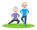 Elderly couple practicing yoga. Active Grandparents doing exercises