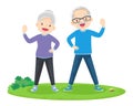 Elderly couple practicing yoga. Active Grandparents doing exercises