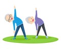 Elderly couple practicing yoga. Active Grandparents doing exercises