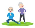 Elderly couple practicing yoga. Active Grandparents doing exercises