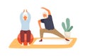 Elderly couple practicing yoga at home vector flat illustration. Active mature man and woman doing exercise on mat and