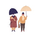 Elderly Couple Promenade Under Umbrella Vector Flat Illustration. Aged Cartoon Man And Woman Walking With Dog At Autumn