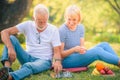 Elderly couple enjoying in garden at sunset. Concept couple elder love Royalty Free Stock Photo