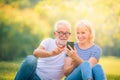 Elderly couple enjoying in garden at sunset. Concept couple elder love Royalty Free Stock Photo