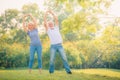 Elderly couple enjoying in garden at sunset. Concept couple elder love Royalty Free Stock Photo