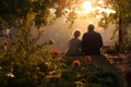 Elderly couple relaxing together in a urban green area. Urban garden or balcony concept. Happy retirement Royalty Free Stock Photo