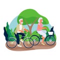 Elderly couple ride bicycles in the countryside. Vector flat cartoon illustration of spring or summer outdoor leisure