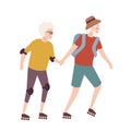 Elderly couple on roller skates. Pair of old man and woman holding hands and roller skating. Outdoor sports activity for