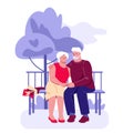 An elderly couple on a romantic date in a summer park on a bench. Vector illustration in flat style. Royalty Free Stock Photo