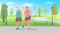 Elderly couple on a run. seniors people running in the park, happy man and woman exercising outdoor activities. Vector Royalty Free Stock Photo