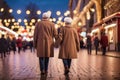 Elderly Couple's Heartwarming Stroll Amidst Christmas Fair Lights in Cozy Winter Coats.