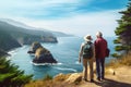 Elderly Couple Admiring Coastal Beauty, senior tourists hiking