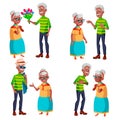 Elderly Couple Set Vector. Grandfather And Grandmother. Elderly Family. Grey-haired Characters. Black, Afro American