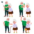 Elderly Couple Set Vector. Modern Grandparents. Old Age. With Glasses. Face Emotions. Happy People Together. European
