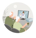 Elderly couple sit at home having online consultation with doctor on computer. Sick senior man and woman get video Royalty Free Stock Photo