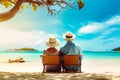 An elderly couple sits peacefully on a wooden bench by the shore, enjoying the view of the sea and each others company