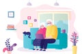 Elderly couple sits on sofa and using computer. Grandma and grandpa chat and shop over Internet Royalty Free Stock Photo