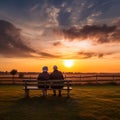 An elderly couple sitting on a bench against a sunset background.