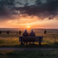 An elderly couple sitting on a bench against a sunset background.