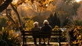 An elderly couple sitting on a bench in a park holding hands and enjoying a peaceful moment together. the enduring love and Royalty Free Stock Photo