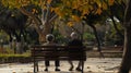 An elderly couple sitting on a bench in a park holding hands and enjoying a peaceful moment together. the enduring love and Royalty Free Stock Photo