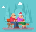 Elderly couple sitting on a bench in park promenade flat design vector illustration