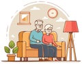 Elderly couple sitting together on a sofa indoors, watching time pass Royalty Free Stock Photo