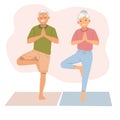 Elderly couple spends time outdoors.happy senior man and woman doing yoga balance at home. healthy concept Royalty Free Stock Photo