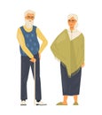 Elderly couple stand together. Senior lady and gentleman with cane. Old man and old woman, mature people.