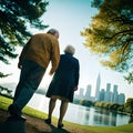 Elderly couple standing by a lake with the city in the background Royalty Free Stock Photo